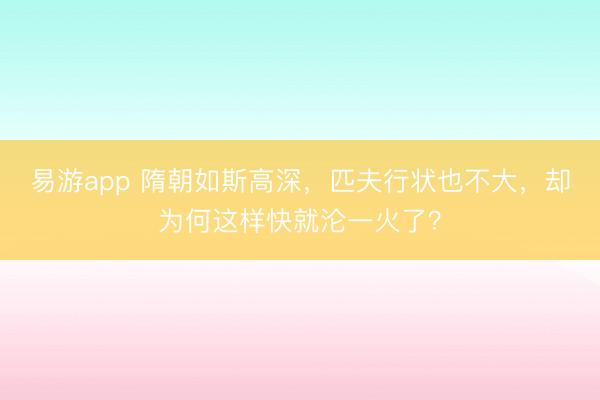 易游app 隋朝如斯高深，匹夫行状也不大，却为何这样快就沦一火了？