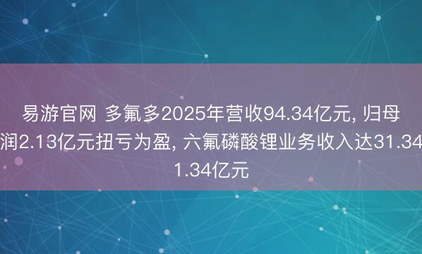 易游官网 多氟多2025年营收94.34亿元， 归母净利润2.13亿元扭亏为盈， 六氟磷酸锂业务收入达31.34亿元